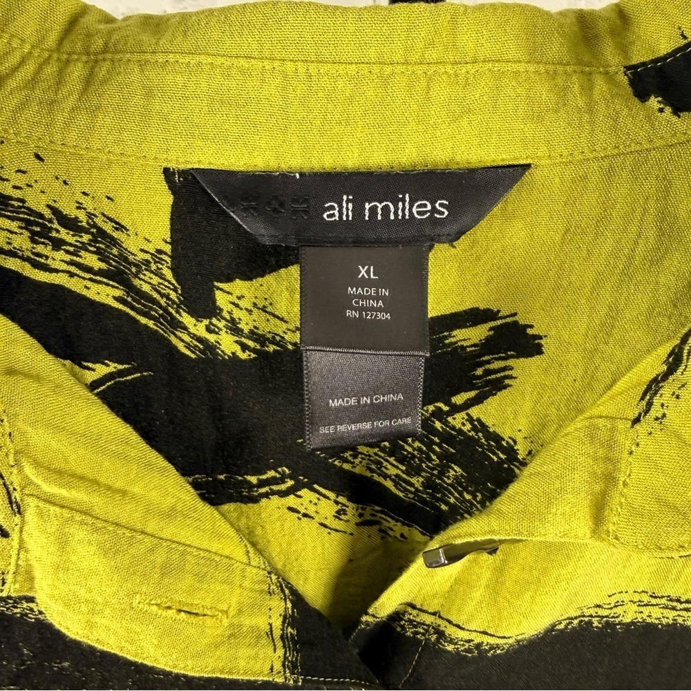 Ali Miles Neon Green Black Brushstroke Design Button Down Shirt Size XL - Picture 3 of 6